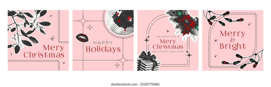 Modern Christmas card set with photocopy effects and geometric shapes. Vector illustrations in minimalist style with pink, black, red, green palette. Ideal for festive greetings and social media posts