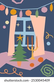 Modern Christmas card vector template. Hand drawn festive scene of Christmas tree, window decorated with garland, ribbons on dark blue background, flat geometric style. Happy New Year poster design