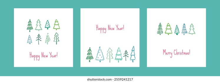 Modern Christmas cards collection in vector. Hand-drawn marker style Christmas trees and seasonal greetings on white background. Happy New Year banner