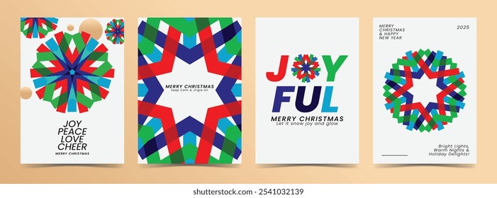 Modern Christmas cards with geometric designs in red, green, blue, and white. The patterns resemble snowflakes and Christmas wreaths, giving a festive, contemporary holiday look.