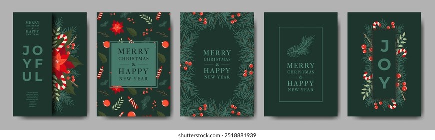 Modern Christmas Сard collection with Spruce Branch, Poinsettia, Berries. Fun and Bright Universal Art Templates. Traditional Christmas and New Year Poster with Trendy Fonts for Social media, Website.