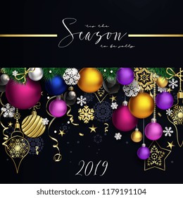 Modern Christmas composition with black background, golden decor and coloful balls