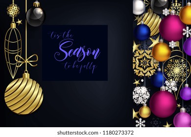 Modern Christmas composition with black background, golden decor and coloful balls