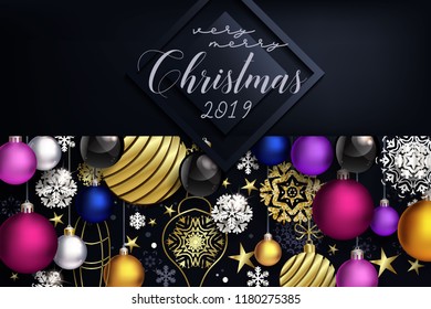 Modern Christmas composition with black background, golden decor and coloful balls