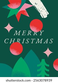 Modern Christmas composition with trees, abstract shapes, red ornaments, and Merry Christmas text on a dark green background. Flat vector illustration