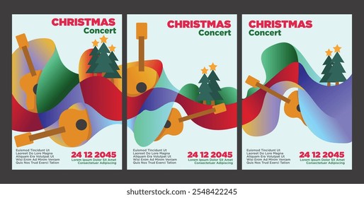 Modernes Weihnachtskonzert Kunstwerk: Gitarre und Saisonelemente . abstrakte Weihnachtsmusik-Poster-Set Vorlage Vektorgrafik.