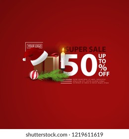 Modern Christmas discount banner with gifts and Santa Claus hat
