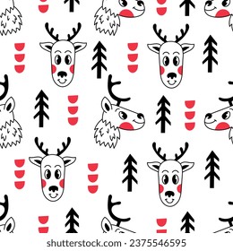 Modern Christmas doodle seamless pattern with reindeer. Funny childish Xmas endless background with animals and Christmas tree. Abstract repeat vector illustration.