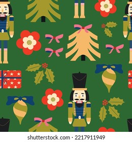 Modern Christmas Fairytale digital paper. Seamless pattern. Nutcracker, xmas gifts, flowers, balls and trees.
