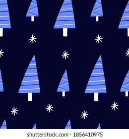 Modern christmas fir tree seamless pattern with snowflakes on dark blue background. Vector hand drawn illustration. 