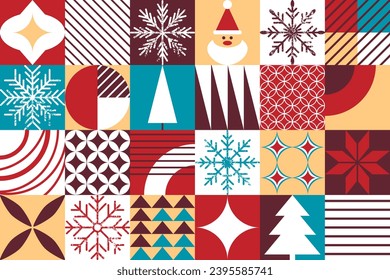 Modern Christmas geometric background. Holiday abstract illustration in scandinavian style. Patchwork card with snowflake, Santa and patterns elements. Contemporary New Year card. Colorful flat vector