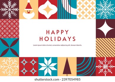 Modern Christmas geometric background. Holiday abstract illustration in scandinavian style. Patchwork card with snowflake and patterns elements. Fully editable New Year card with text.