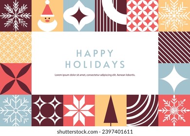 Modern Christmas geometric background. Holiday abstract illustration in scandinavian style. Patchwork card with snowflake and patterns elements. Fully editable color New Year card. Vector illustration