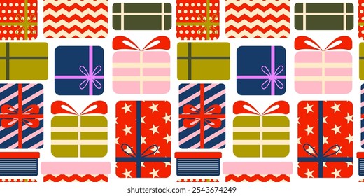 Modern Christmas gift boxes seamless pattern. Colorful presents. Birthday, Christmas, New Year, Valentine. Wrapped giftbox with ribbon and bow. Background, wallpaper, digital paper.