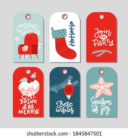 Modern Christmas gift tag flat stylish design. Set of Christmas tags with sock, gingerbread, xmas tree decotarion and lettering. Flat vector illustration