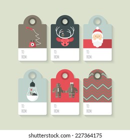 Modern Christmas gift tag flat  stylish design. Set of Christmas tags with Santa, deer, light bulb and telephone