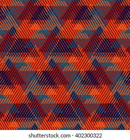 Modern Christmas gift wrapping paper design with tweed look, cross lines, triangles, pyramids and abstract shapes. Lumberjack pattern in red colors. Bold funky print in op art style for winter fashion