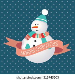 Modern Christmas greeting card. Cute snowman on blue background