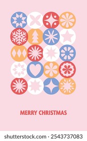 Modern Christmas greeting card with decorated balls and snowflakes. Vector illustration