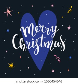 Modern christmas greeting card with doodles and handwritten lettering phrase, pre-made template for web or print design. Congratulating merry christmas phrase on heart shaped background.