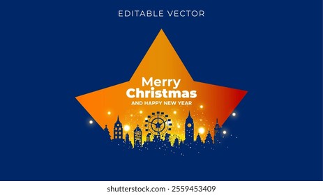 Modern christmas greeting card with christmas elements, decorated city skyline and carnival background.