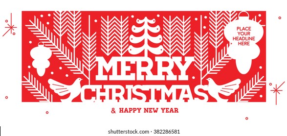 Modern Christmas greeting card with paper decorations on red background - flat design style