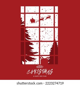 Modern Christmas Greeting Card with santa sleigh, forest, window, present box and snow outside a window