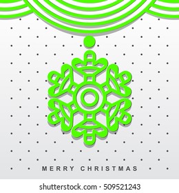 Modern Christmas greeting card with a snowflake. Green icon on a white background, flat design. Art deco style. Vector illustration for posters, cards, t-shirts or website banner.  