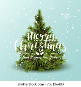 Modern Christmas Greeting Card With Tree And Brush Lettering