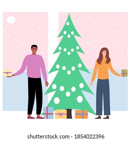 
Modern Christmas greeting illustration. A guy and a girl in winter clothes give each other gifts for Christmas near the Christmas tree. Vector design. Traditional holiday. Happy New Year. Family 