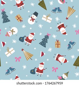 Modern Christmas hand drawn pattern, blue Christmas seamless background 