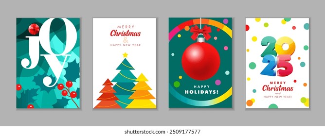 Modern Christmas and Happy New Year 2025 posters or greeting cards set. Vector colored 3D numbers 2025, lettering Joy, holly berry, xmas tree, and christmas ball for sale posters or discount design