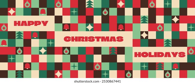 Modern Christmas holiday geometric banner. Colorful festive mosaic pattern with simple element. Pixel art background. Vector illustration