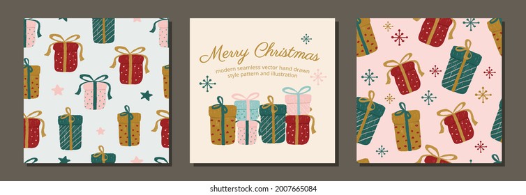 Modern christmas holiday gifts patterns template design for fabrics, gift wrapper, linen and social medias