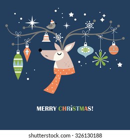 Modern Christmas holiday greeting card design with reindeer and ornaments. Vector illustration