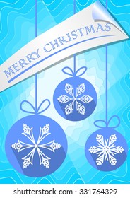Modern christmas leaflet or greetings card template with three blue balls. Snowflakes in modern design with long shadow. Merry christmas blue inscription on paper strip with rolled corner. 