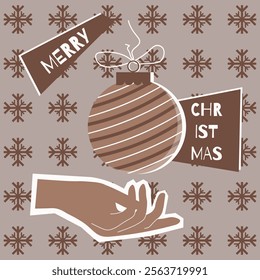 Modern christmas Mocha Mousse with hand and christmas ball. Joyful christmas greeting card. Vector illustration for social media and web. Holiday postcard cover template design.	