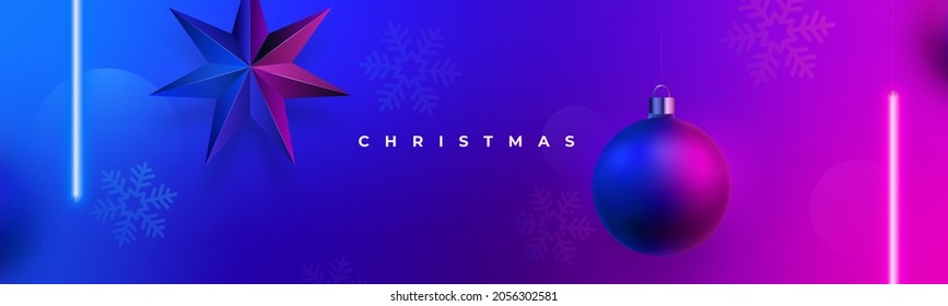 Modern Christmas neon banner. Hanging blue and pink neon led lights, 3d ball and star. Universal vector background for banner, flyers, web header.
