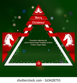 Modern Christmas & New Year border. Dark blue backdrop with flashes. Gift bows with ribbons. Hipster background. Vector illustration for your design.