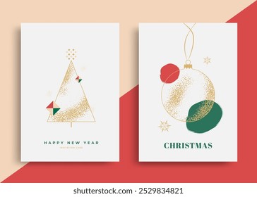 Modern Christmas and New Year greeting cards minimalist designs with geometric Christmas tree and ornament in gold, red, and green accents