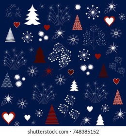 Modern Christmas Pattern in Blue Color with Seasonal Decorative Elements. Vector Illustration