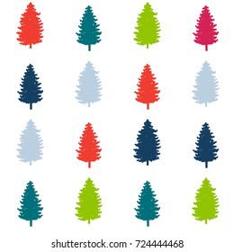 modern christmas pattern. new year hand drown firs paper, winter holiday decoration, red, blue, green, navy, purple christmas trees seamless background