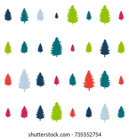 modern christmas pattern. new year hand drown firs paper, winter holiday decoration, red, blue, green, navy, purple christmas trees seamless background