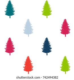 modern christmas pattern. new year hand drown firs paper, winter holiday decoration, red, blue, green, navy, purple christmas trees seamless background