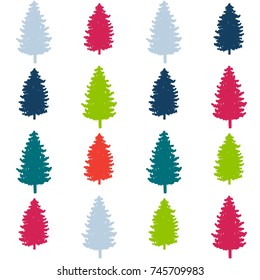 modern christmas pattern. new year hand drown firs paper, winter holiday decoration, red, blue, green, navy, purple christmas trees seamless background