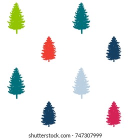 modern christmas pattern. new year hand drown firs paper, winter holiday decoration, red, blue, green, navy, purple christmas trees seamless background