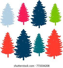 modern christmas pattern. new year hand drown firs paper, winter holiday decoration, red, blue, green, navy, purple christmas trees seamless background