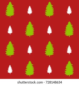 modern christmas pattern on red. new year hand drown firs wrapping paper design, winter holiday decoration, white and green christmas trees modern background