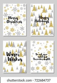 Modern Christmas postcards vector set with lettering calligraphy and background card patterns in gold and silver colors. Christmas cards, xmas banners set, silver and golden backgrounds, wishes text.