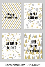 Modern Christmas postcards vector set with lettering calligraphy and background card patterns in gold and silver colors. Christmas cards, xmas banners set, silver and golden backgrounds, wishes text.